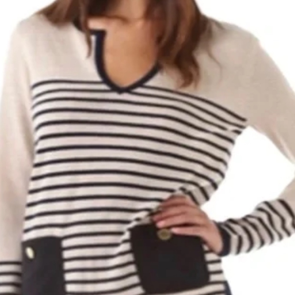 Tory Burch Beige Navy Blue Striped Odessa Tunic Sweater
